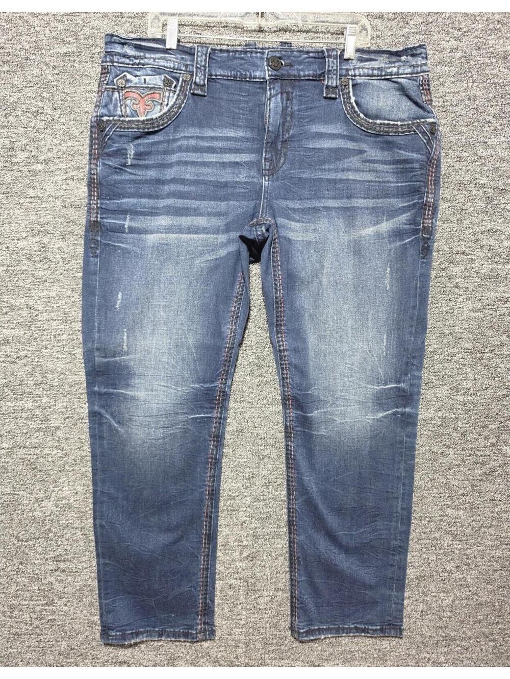 Rock Revival Men Straight Fit Blue Medium Wash Denim Jeans Button Zip Stretch